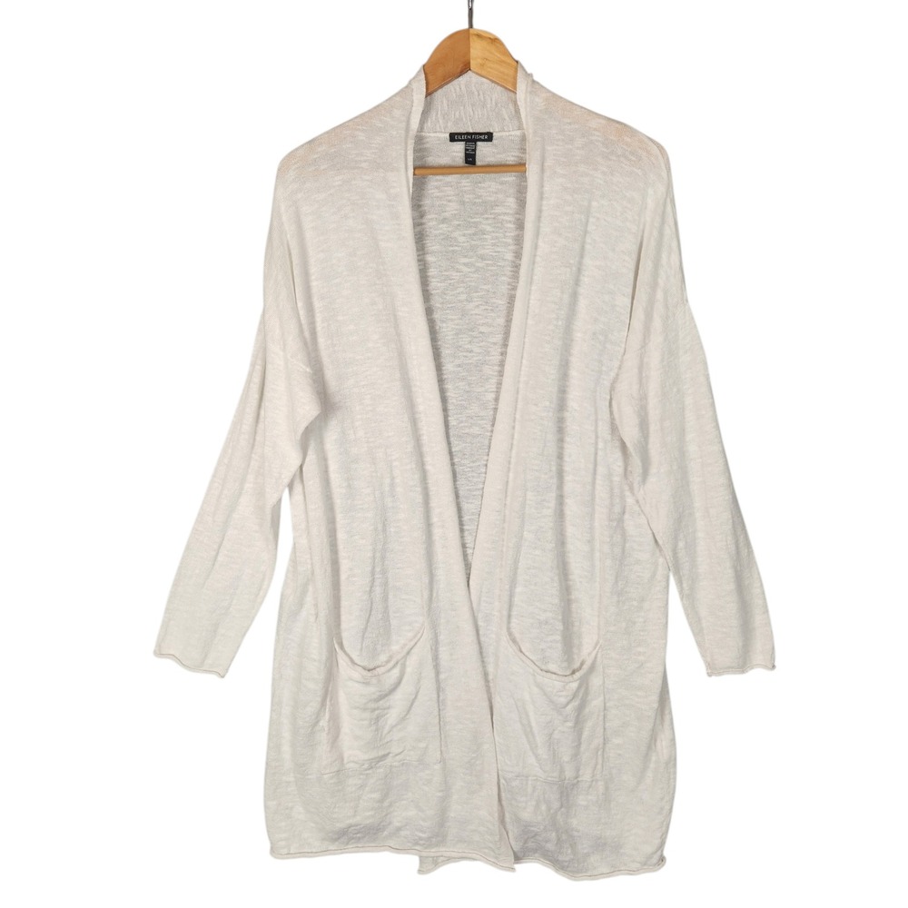 Eileen Fisher Cardigan Large White Organic Linen Cotton Open Front Mid-Length